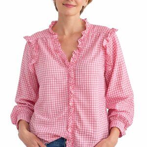 Tommy Hilfiger Pink Gingham Check Ruffle Blouse Size XL 100% Cotton Cottage Core